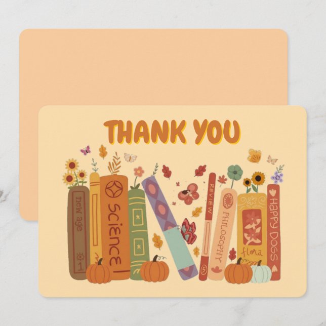 Cartão De Festividades Bookish Pumpkin Orange Yellow Flat Thank You Card (Frente/Verso)