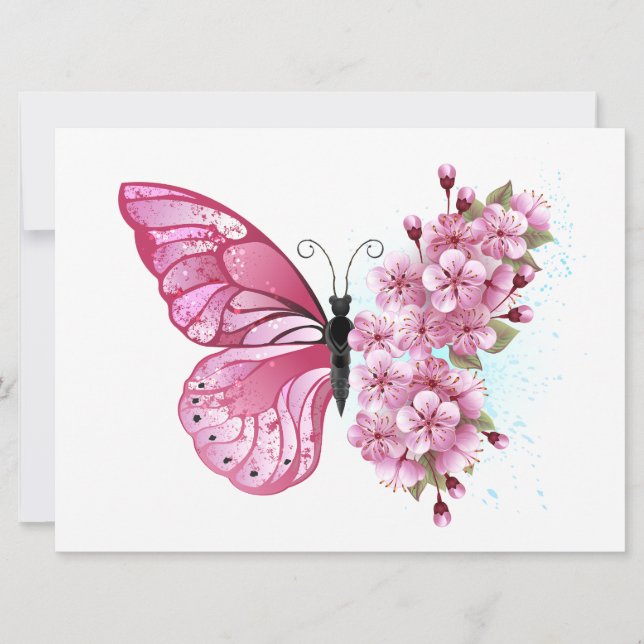 Cartão De Festividades Borboleta Flor com Sakura Rosa (Frente)