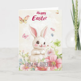 Cartão De Festividades Borboletas verdes rosa e coelho fofo