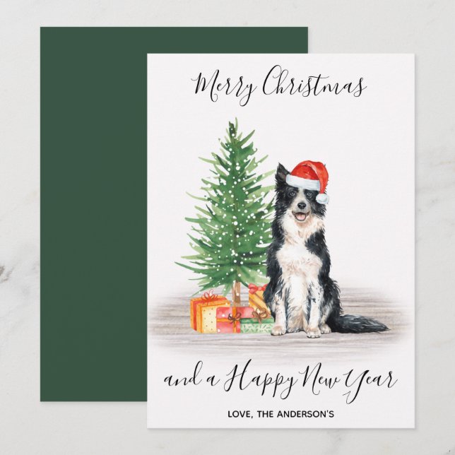 Cartão De Festividades Borda Collie Dog Papais noeis Árvore Feliz Natal (Frente/Verso)
