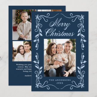 Cartão De Festividades Borda de Azevinho Elegante Natal Azul-Marinho 5 Fo
