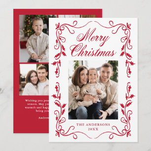 Cartão De Festividades Borda de Azevinho Vermelho Elegante Feliz Natal 5