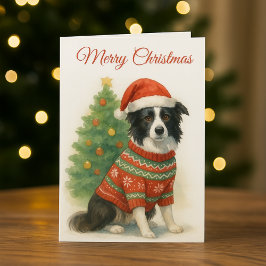 Cartão De Festividades Border Collie Christmas Santa Hat & Tree