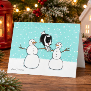 Cartão De Festividades Border Collie com Bonecos de Neve   Natal de Agili
