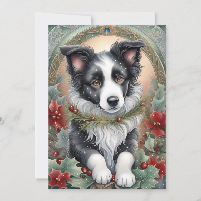 Cartão De Festividades Border Collie Dog Poinsettias Holly Christmas (Frente)