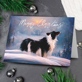 Cartão De Festividades Border Collie em Paisagem de Neve de Inverno Natal