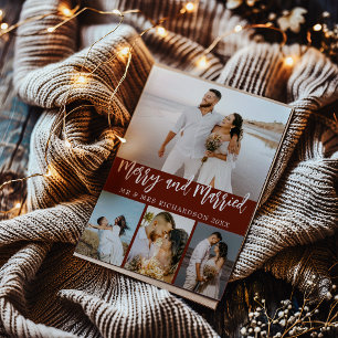 Cartão De Festividades Borgonha Alegre e Casado 4 Colagem de Fotos Natal