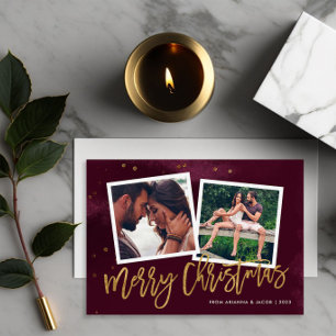 Cartão De Festividades Borgonha e Dourado Letra Feliz Natal 2 Foto