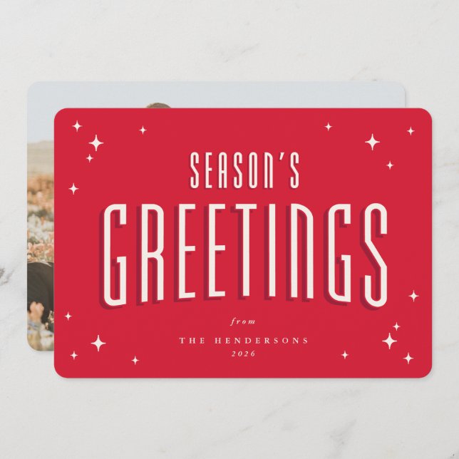 Cartão De Festividades Boright Red Season's Saudações Retro Stars Foto (Frente/Verso)
