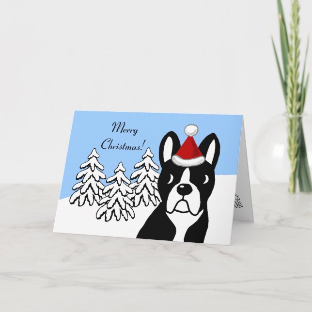 Cartão De Festividades Boston Terrier Christmas Cartoon Snow Woods (Frente)