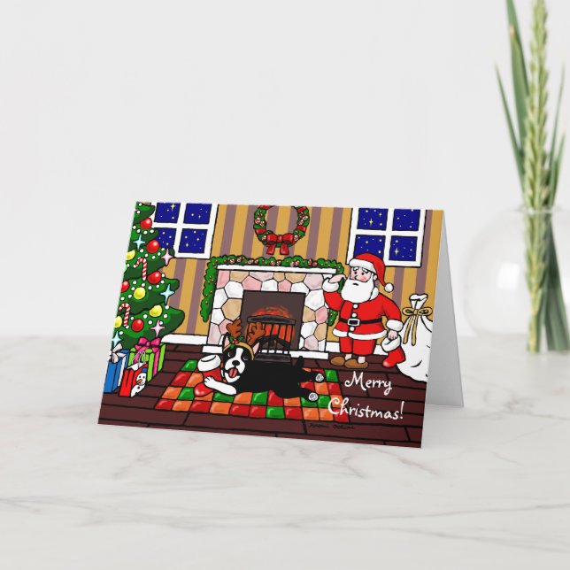 Cartão De Festividades Boston Terrier & desenhos animados 3 do Natal do (Frente)