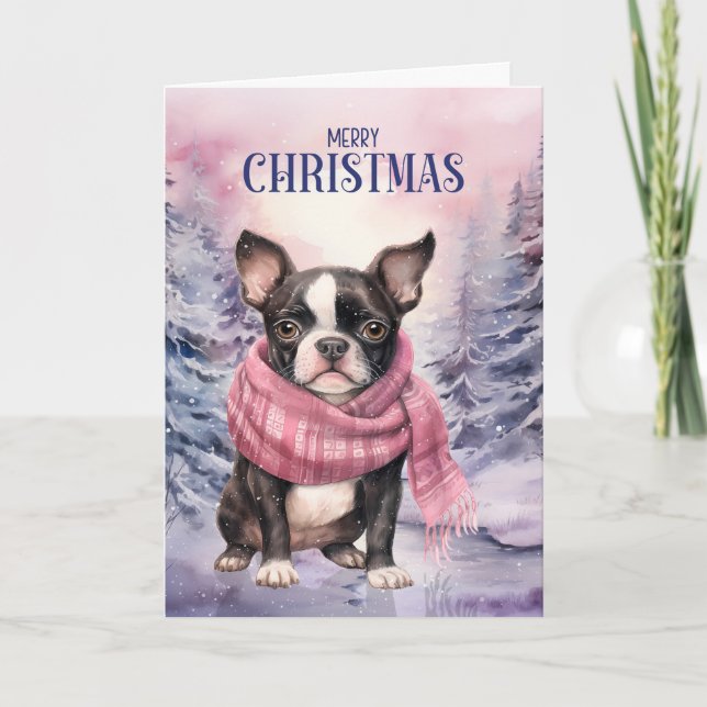 Cartão De Festividades Boston Terrier Dog Merry Christmas Pink Forest (Frente)