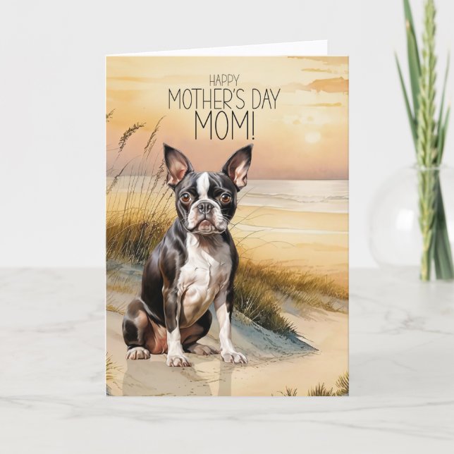 Cartão De Festividades Boston Terrier Dog Sunset Beach Mother's Day (Frente)