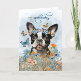 Cartão De Festividades Boston Terrier Dog Wildflowers Mother's Day