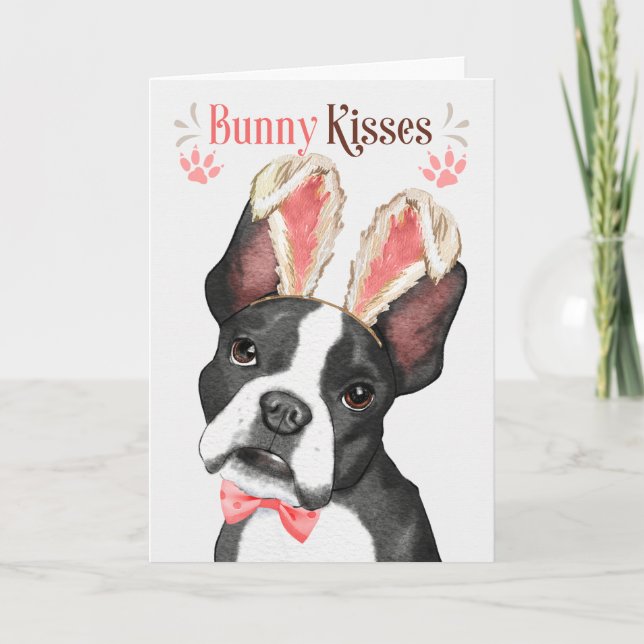 Cartão De Festividades Boston Terrier em Bunny Ears para Páscoa (Frente)