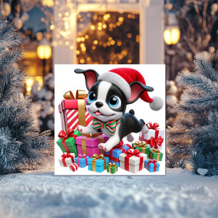 Cartão De Festividades Boston Terrier Festivo com Presentes
