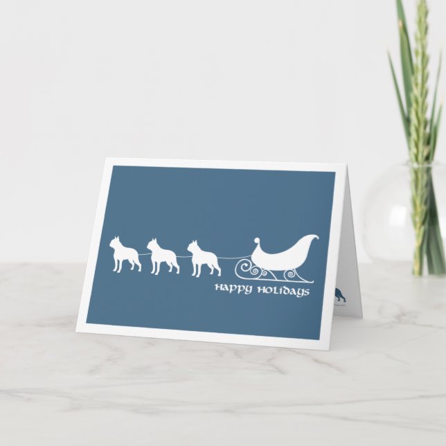 Cartão De Festividades Boston Terriers Pulando Papais noeis Sleigh (Frente)