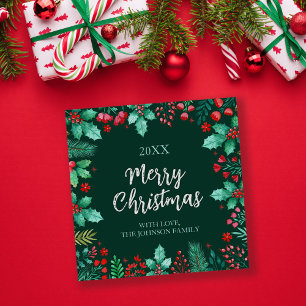 Cartão De Festividades Botânica de Aquarela com Holly de Natal + Pinheiro