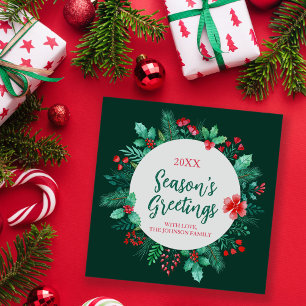 Cartão De Festividades Botânica de Aquarela com Holly + Pine Natal