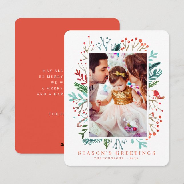 Cartão De Festividades Botânica de Folhagem de Natal Moderna em Watercolo (Frente/Verso)