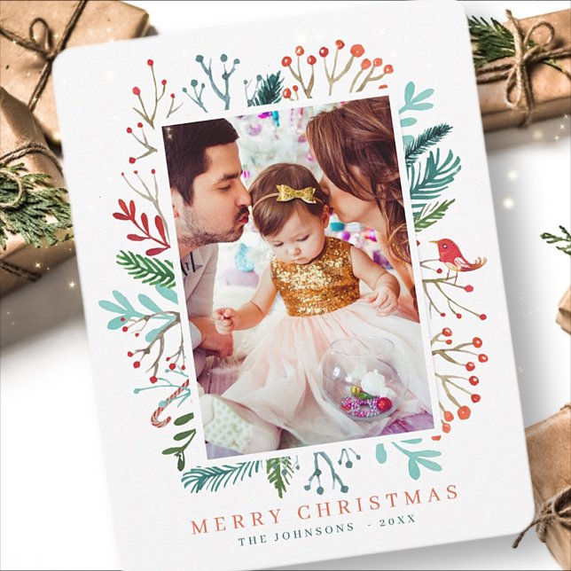 Cartão De Festividades Botânica de Folhagem de Natal Moderna em Watercolo (Criador carregado)