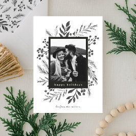 Cartão De Festividades Botânica de Inverno Foto de Natal Preto e Branco