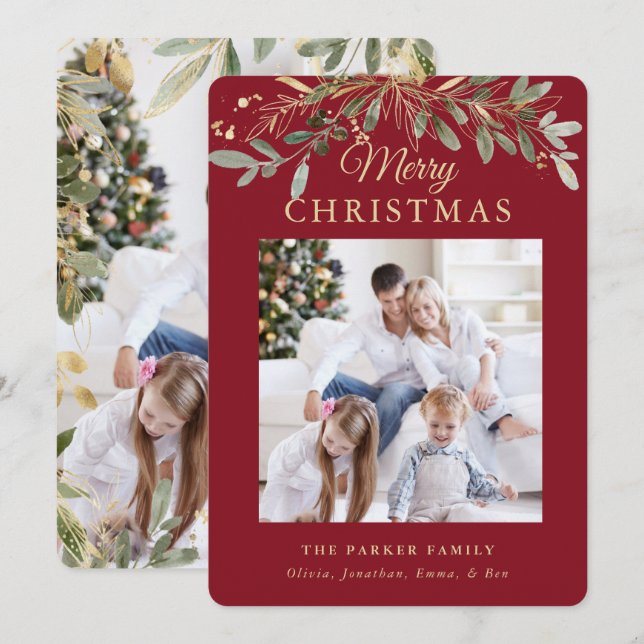 Cartão De Festividades Botânica de Natal Russo | Duas Fotografias e Doura (Frente/Verso)