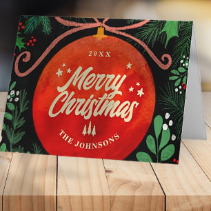 Cartão De Festividades Botânica de Ornamento de Bola Vermelha Moderna de 