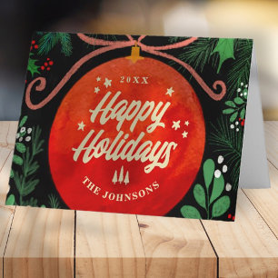 Cartão De Festividades Botânica de Ornamento de Bola Vermelha Moderna de