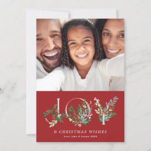 Cartão De Festividades Botânica Floral Natal JOY Elegante Foto Vermelha