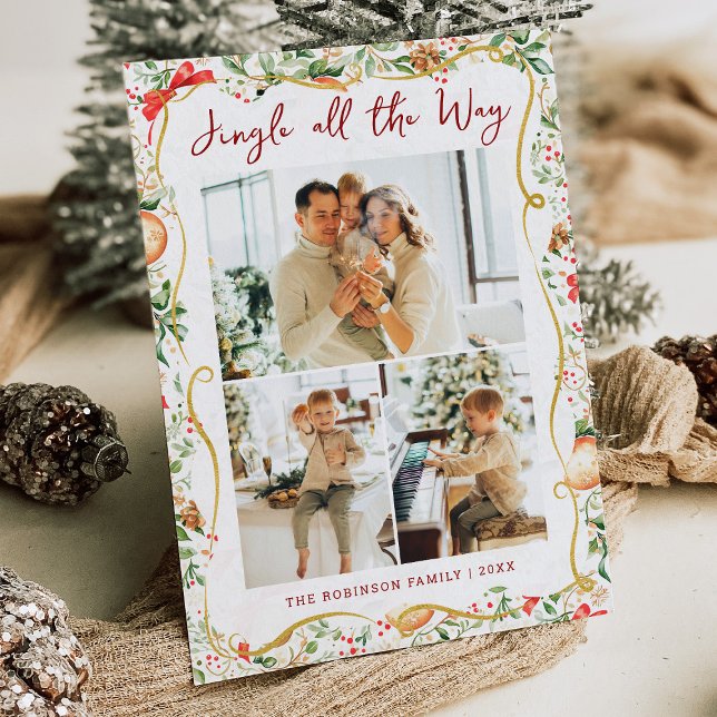 Cartão De Festividades Botânica Greenery Pattern Jingle Foto de Natal (Criador carregado)