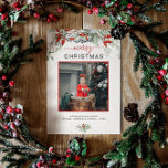 Cartão De Festividades Botânica Watercolor Holly Feliz Foto de Natal<br><div class="desc">Você vai adorar estes bonitos cartões de Natal! A característica da aquarela botânica é arrumada com névoa, ramificações de pínus, bagas e respiração de bebês. No topo, diz feliz Natal e logo abaixo você pode adicionar uma foto. A parte inferior do cartão tem um lugar para uma pequena mensagem e...</div>