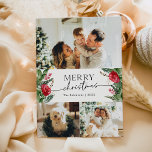 Cartão De Festividades Botânico - Script Moderno 3 Foto Feliz Natal<br><div class="desc">Esta coleção apresenta florais vermelhos de aquarela,  bagas e verde de inverno com tipografia moderna e elegante,  com padrão botânico de inverno.</div>