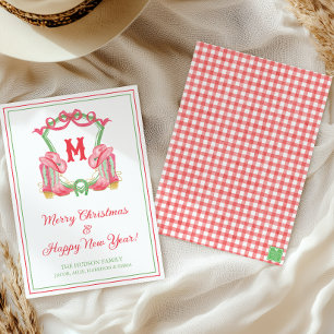 Cartão De Festividades Botas de Cowboy de Natal em Aquarela Monograma Cri