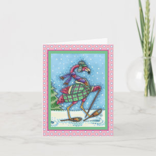 Cartão De Festividades BOTAS DE NEVE DE INVERNO, FLAMINGO ROSA NATAL Blan