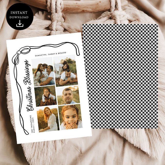 Cartão De Festividades Bow Christmas Blessings Family 6 Photos Plaid (Criador carregado)