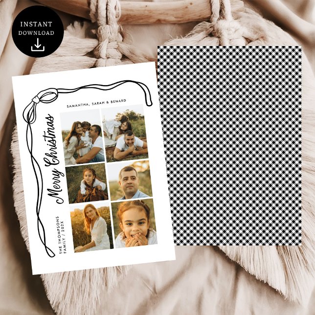 Cartão De Festividades Bow Merry Christmas Family 6 Photos Plaid (Criador carregado)