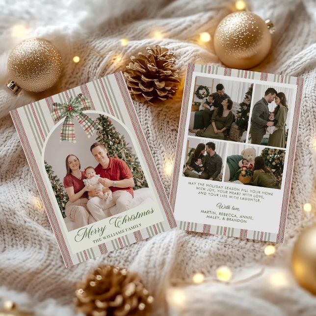 Cartão De Festividades  Bow Stripe Family Photo Christmas Holiday Card (Criador carregado)