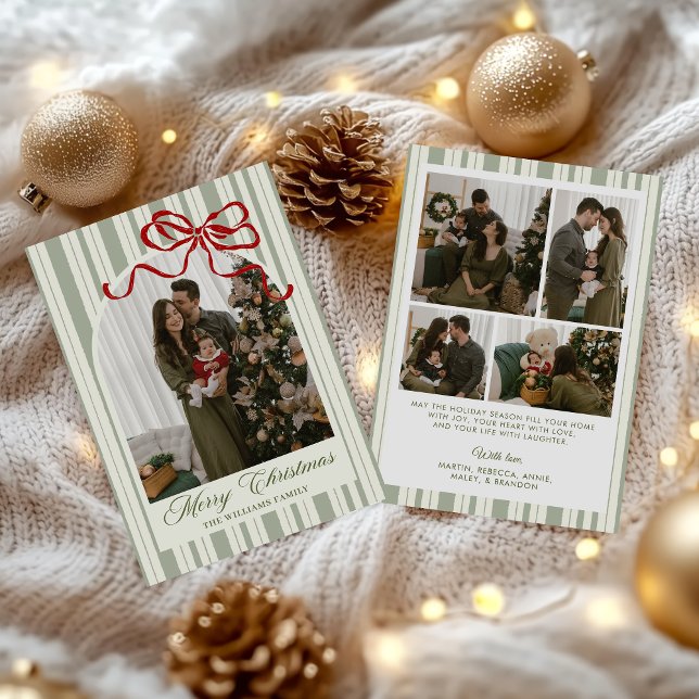 Cartão De Festividades  Bow Stripe Family Photo Christmas Holiday Card (Criador carregado)