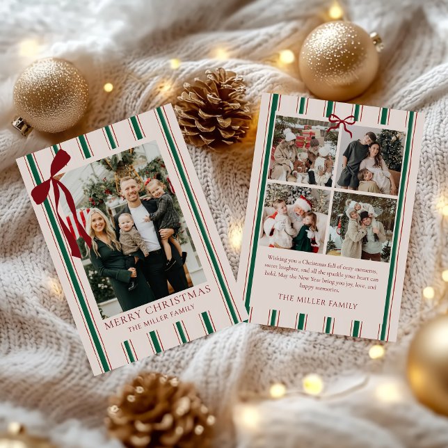 Cartão De Festividades Bow Stripe Family Photo Christmas Holiday Card (Criador carregado)