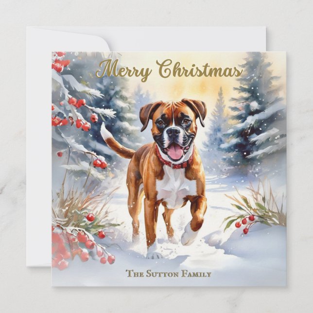 Cartão De Festividades Boxer Dog Em Cena De Neve Feliz Natal (Frente)