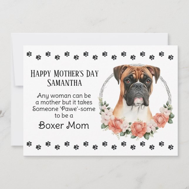Cartão De Festividades Boxer Dog Mãe Florals Dia de as mães Verso (Frente)