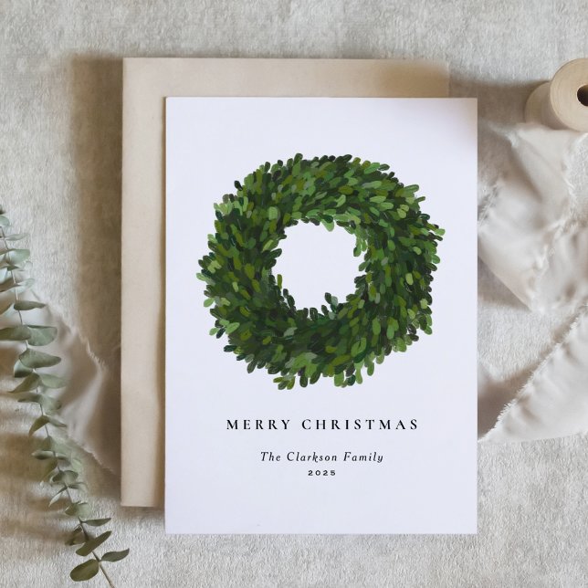 Cartão De Festividades Boxwood Wreath Pintado à Mão Feliz Natal (Criador carregado)