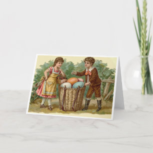 Cartão De Festividades Boy and Girl with Easter Baket full of Eggs