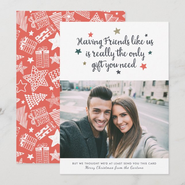 Cartão De Festividades Branca de Foto de Natal Moderno, Amigos Engraçados (Frente/Verso)