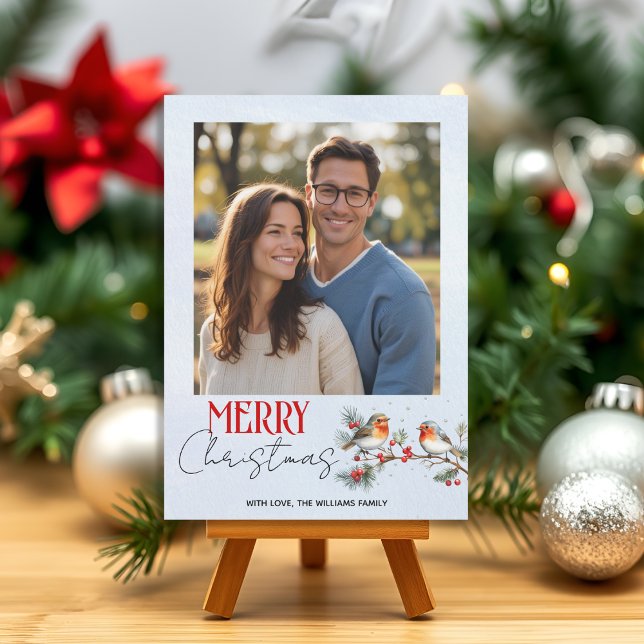 Cartão De Festividades Branch, robin birds and berries Christmas photo (Criador carregado)