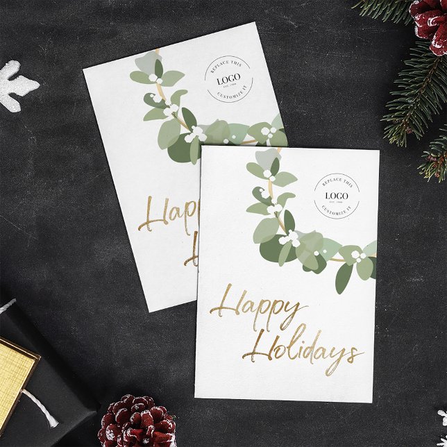 Cartão De Festividades Branco da coroa moderna sobre feriados felizes Seu (Customizable business logo happy holidays gold with modern wreath christmas card.)