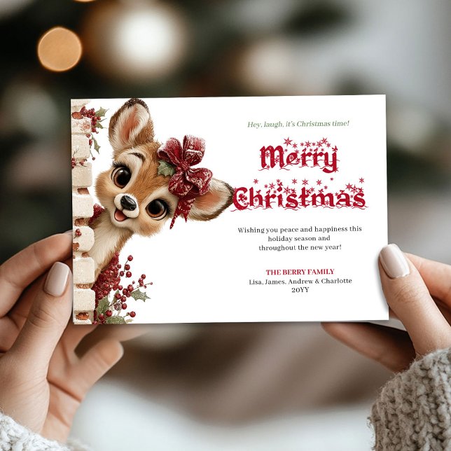 Cartão De Festividades Bright Christmas baby deer peeking cheerful card (Bright Christmas baby deer peeking cheerful card)