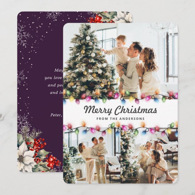 Cartão De Festividades Bright Christmas Lights Purple Botanical Photo (Frente/Verso)