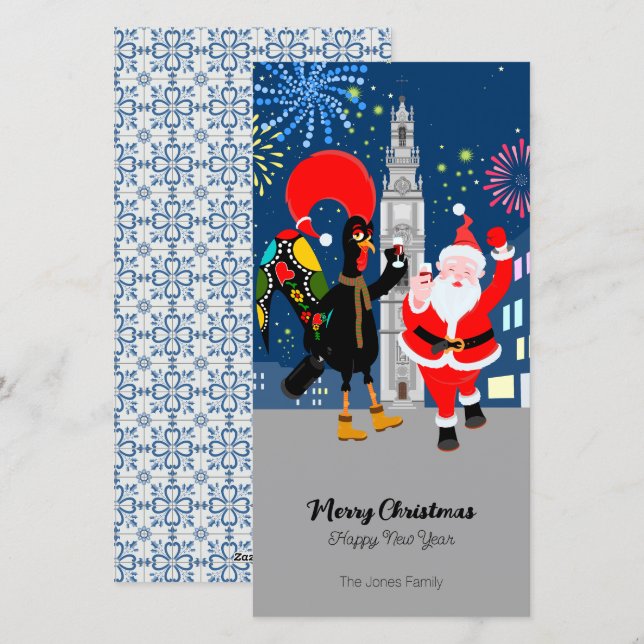 Cartão De Festividades Brinde de Papai Noel e Galo para o Ano Novo (Frente/Verso)